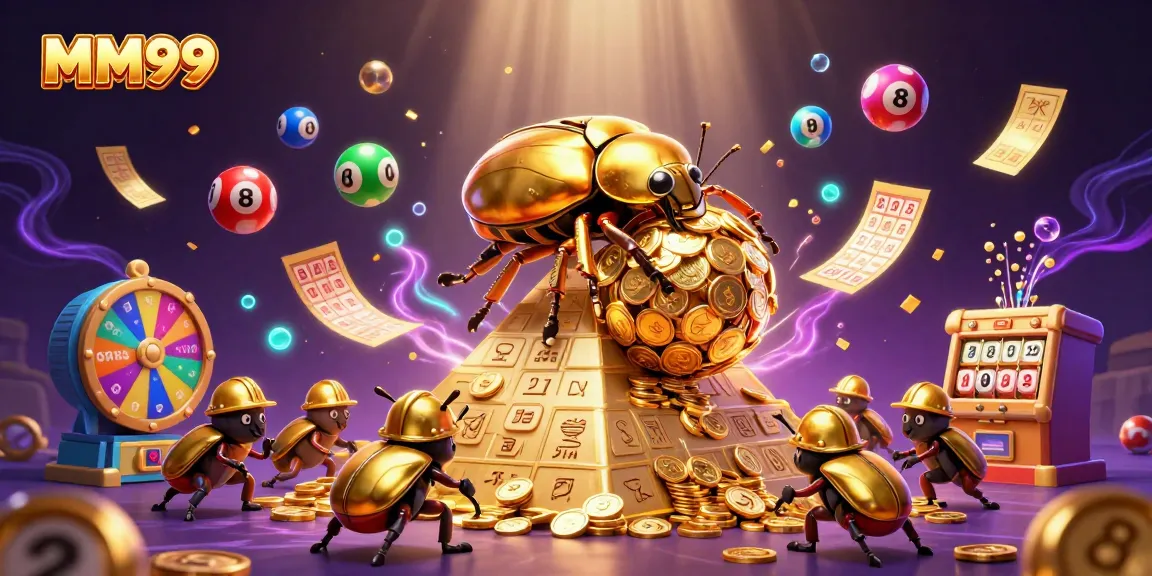 Engage with MM99’s vibrant slots and jackpots featuring a golden beetle theme and colorful lottery elements.