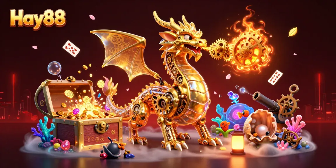 Playing and winning at Hay88 with a magnificent golden dragon surrounded by gaming treasures