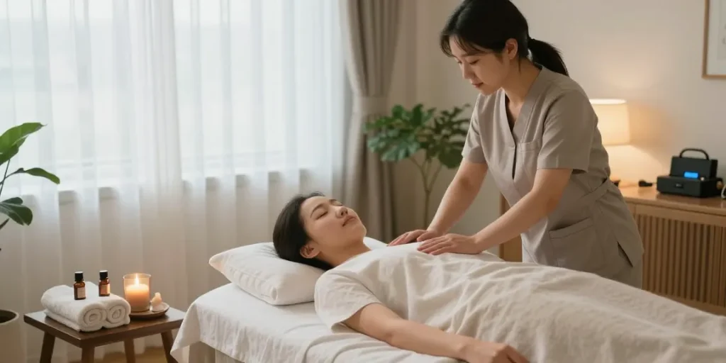 Relaxing 안양출장안마 session in a serene home environment with a skilled therapist.
