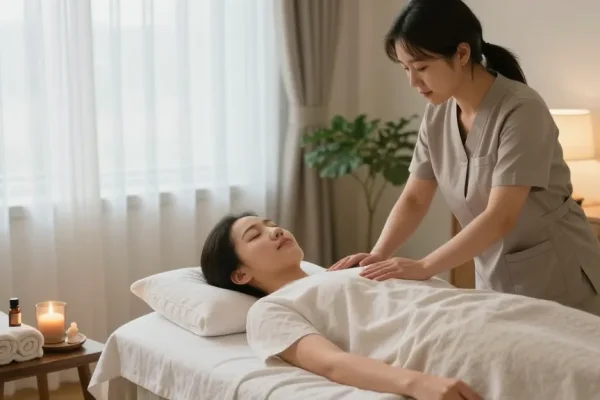 Relaxing 안양출장안마 session in a serene home environment with a skilled therapist.