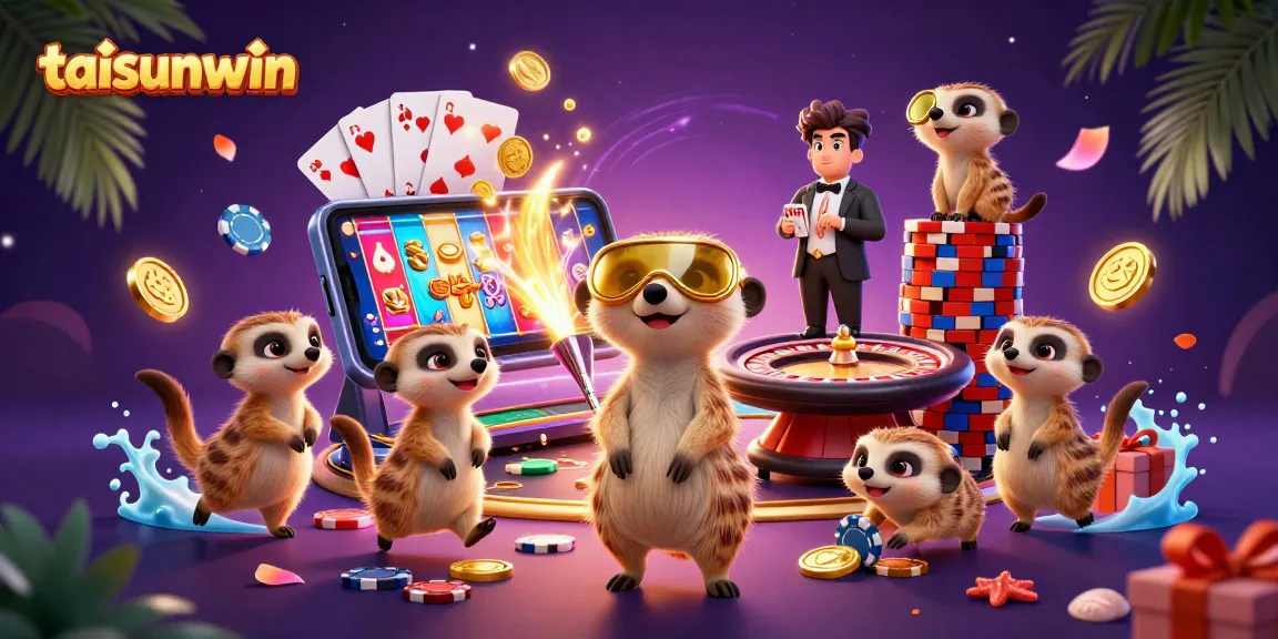 Engage with the bustling 3D casino scene featuring meirkat characters at taisunwin, displaying vibrant games and gold coins.
