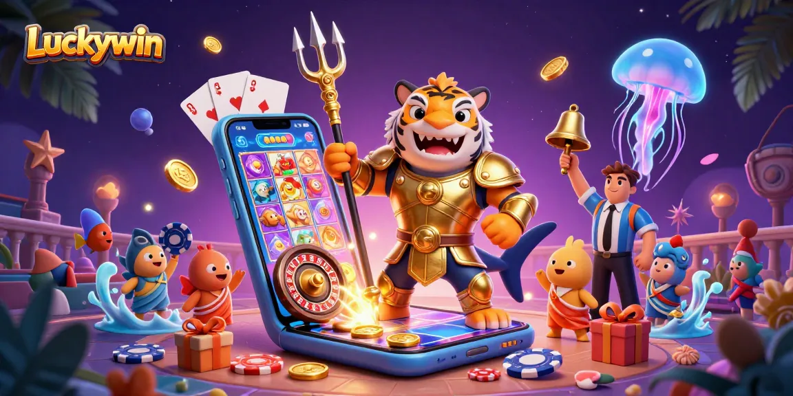 Luckywin showcases a thrilling underwater scene with a tiger shark gladiator, symbolizing excitement in online gambling.