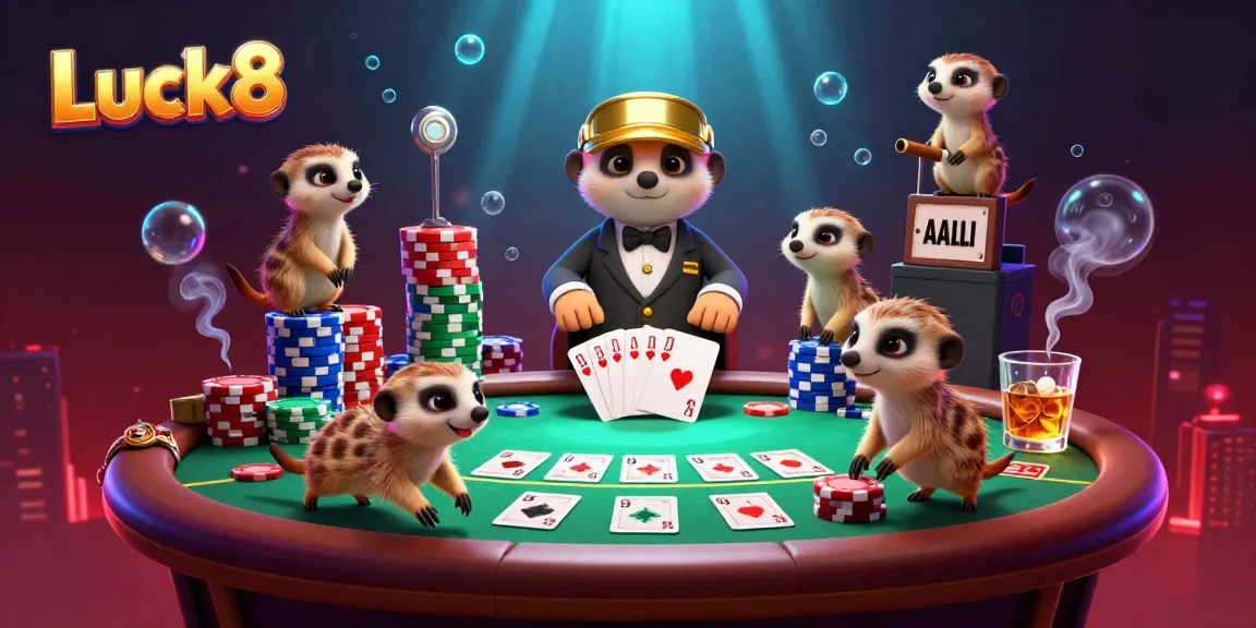 Engage with Luck8's vibrant meerkat casino scene showcasing lively poker action and colorful game elements.