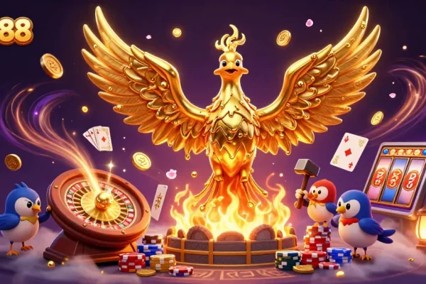 Experience the excitement of winning at Hay88 with a dynamic casino illustration showcasing games and golden rewards.