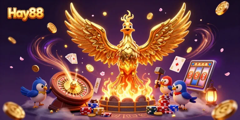 Experience the excitement of winning at Hay88 with a dynamic casino illustration showcasing games and golden rewards.