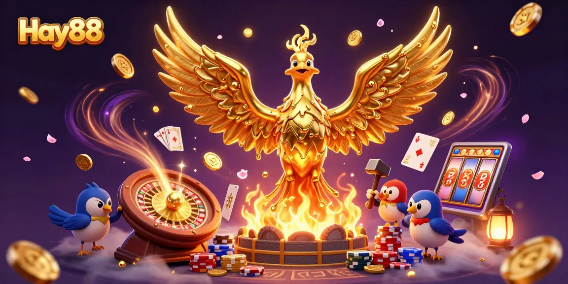 Experience the excitement of winning at Hay88 with a dynamic casino illustration showcasing games and golden rewards.